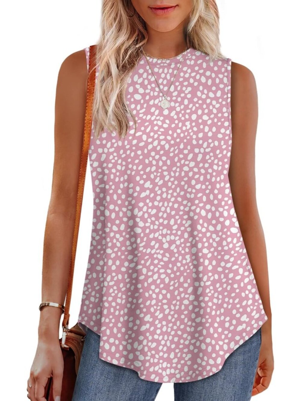 Women's Pink Dot High Neck Tank Loose Sleeveless Casual Wear Summer Tunic Tops